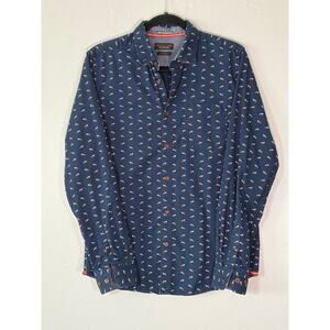 Denim & Flower Mens Slim Fit Fox Print‎ Button Down Shirt Navy Blue Size Medium